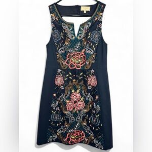 Anthropologie Moulinette Souers Floral Embroidered Dress Navy Blue Size 12